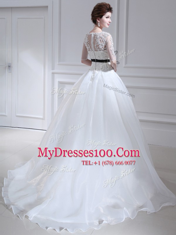 Scoop White Half Sleeves Organza Brush Train Zipper Wedding Dress for Wedding Party