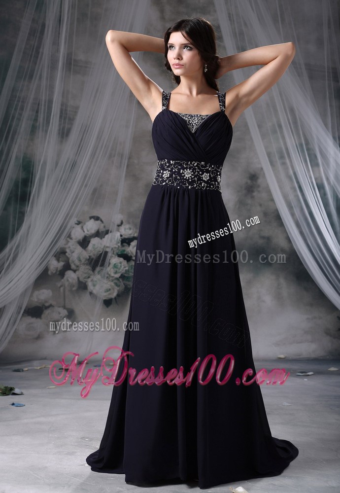 Wide Straps Ruching Chiffon Court Train Prom Dresses Decorated with Beadings