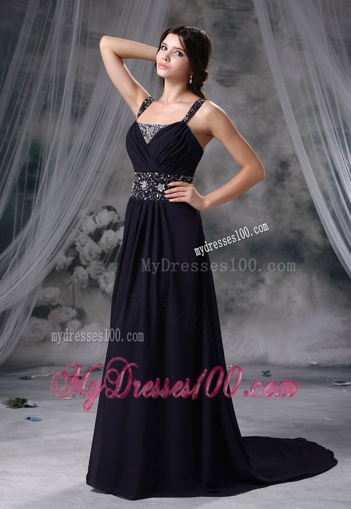 Wide Straps Ruching Chiffon Court Train Prom Dresses Decorated with Beadings