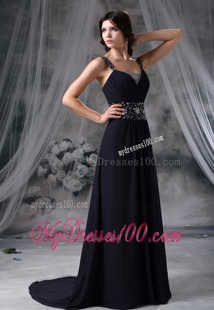 Wide Straps Ruching Chiffon Court Train Prom Dresses Decorated with Beadings