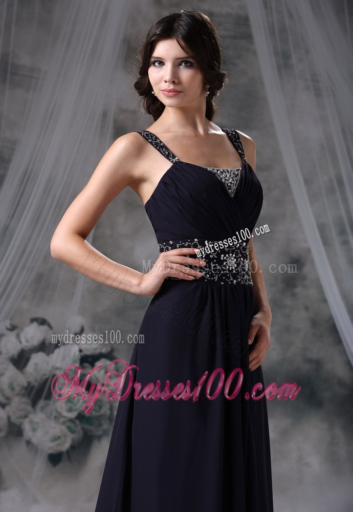 Wide Straps Ruching Chiffon Court Train Prom Dresses Decorated with Beadings