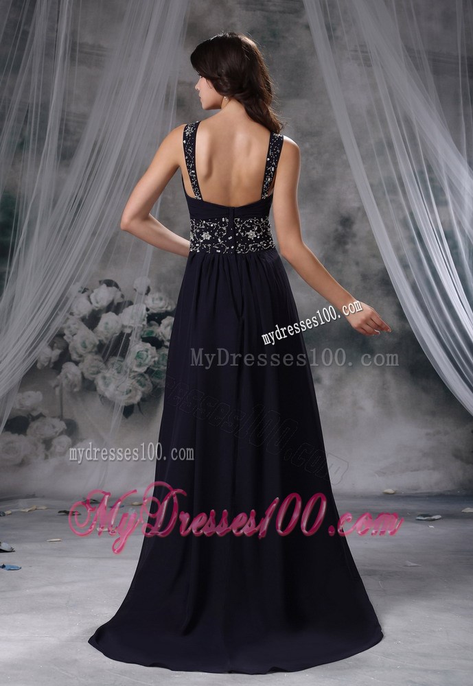 Wide Straps Ruching Chiffon Court Train Prom Dresses Decorated with Beadings