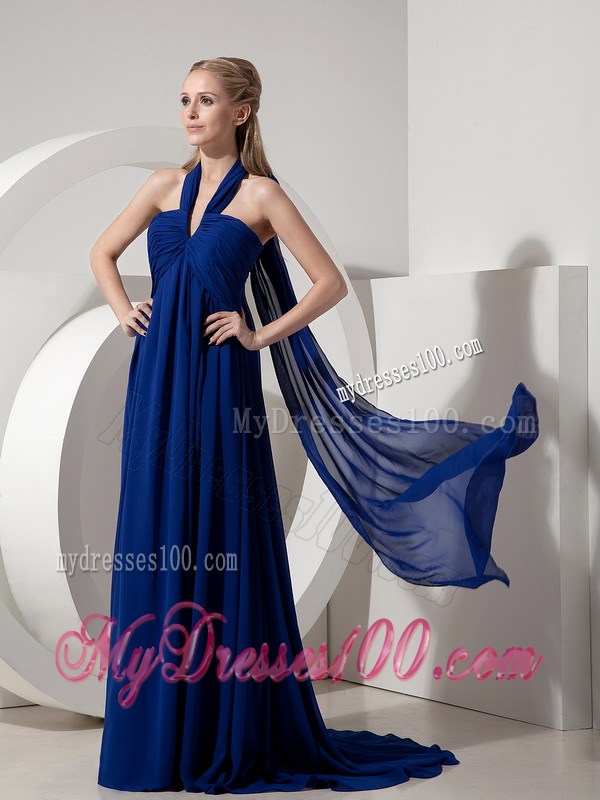 Sexy Pleated Navy Blue Halter top Prom Dress with Watteau Train