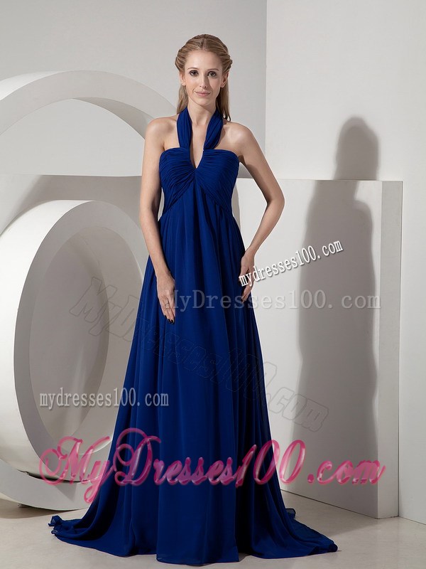 Sexy Pleated Navy Blue Halter top Prom Dress with Watteau Train