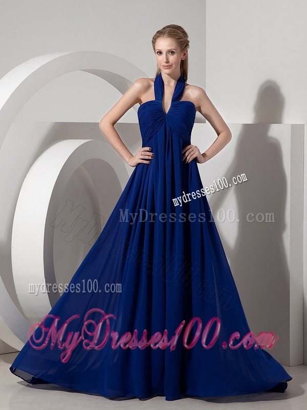 Sexy Pleated Navy Blue Halter top Prom Dress with Watteau Train