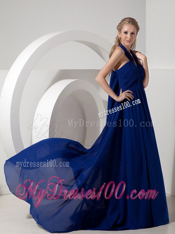 Sexy Pleated Navy Blue Halter top Prom Dress with Watteau Train