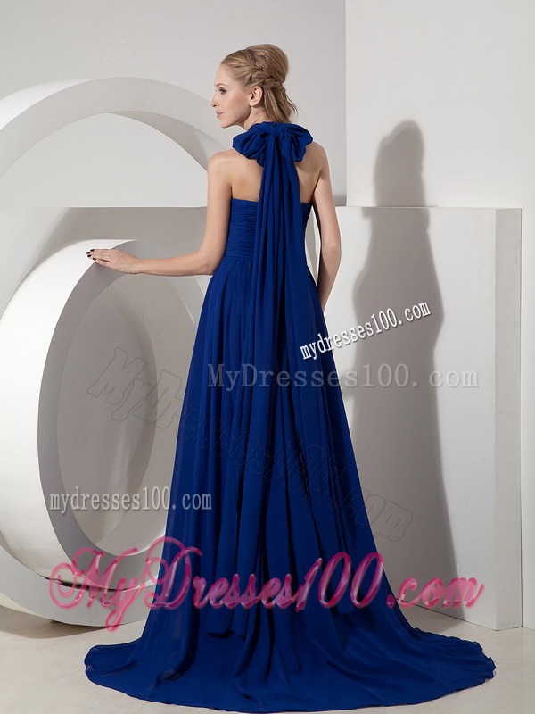 Sexy Pleated Navy Blue Halter top Prom Dress with Watteau Train