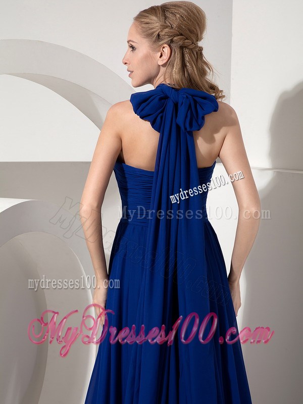 Sexy Pleated Navy Blue Halter top Prom Dress with Watteau Train