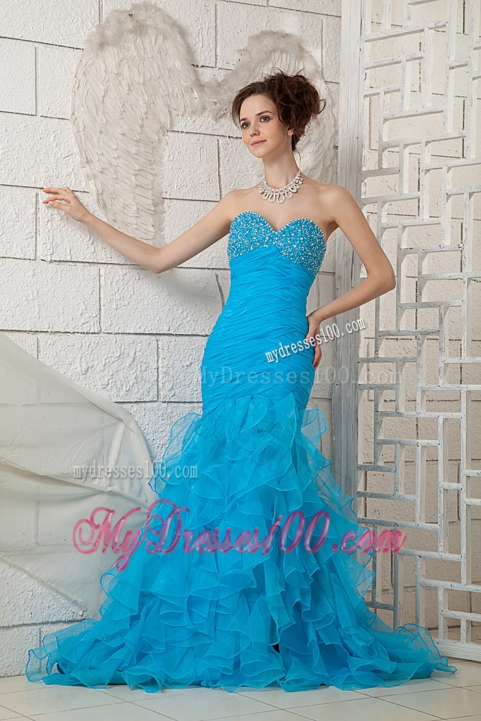 Ruched Blue Mermaid Prom Dress with Beading and Ruffles