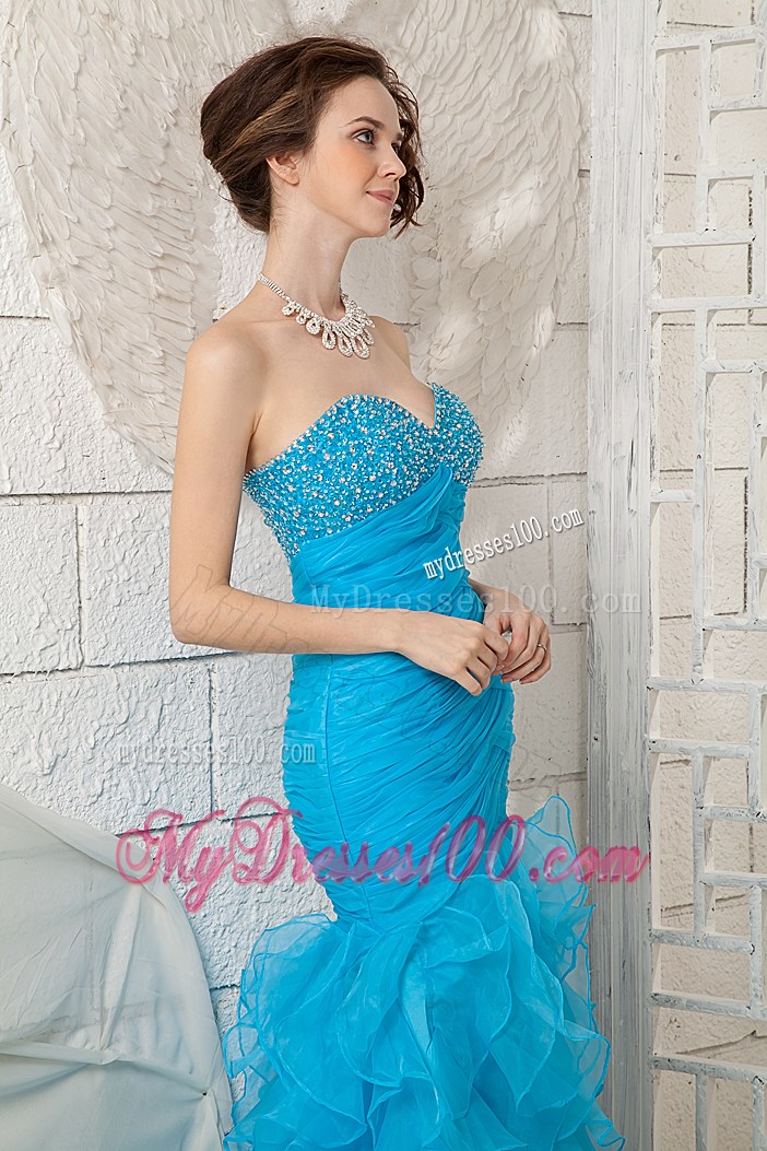 Ruched Blue Mermaid Prom Dress with Beading and Ruffles