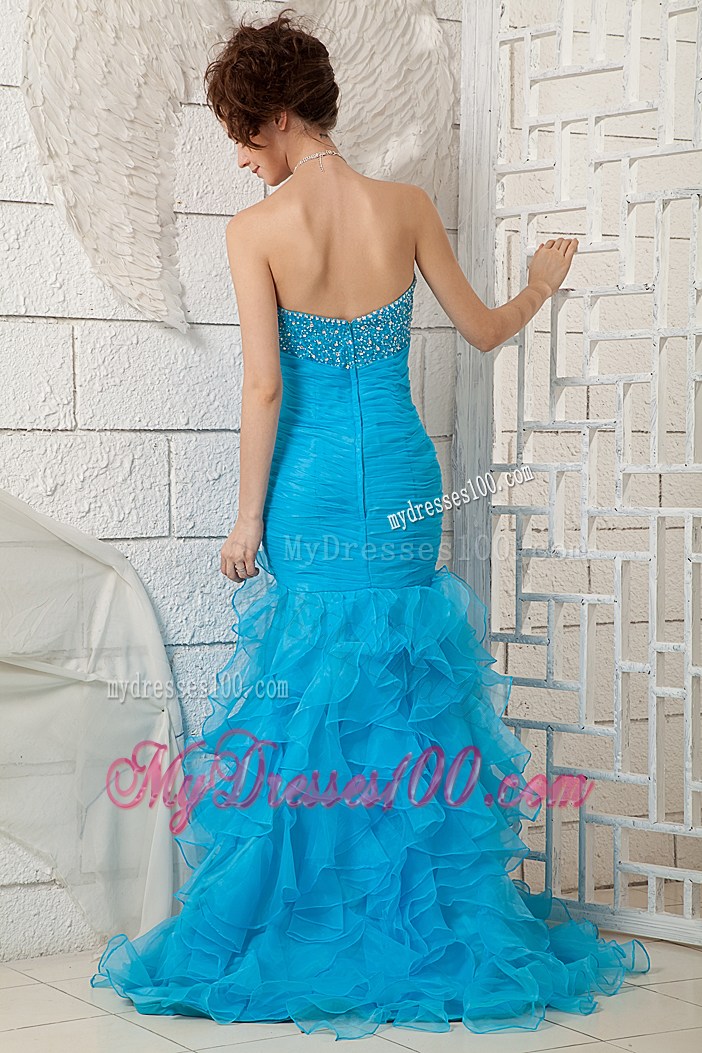 Ruched Blue Mermaid Prom Dress with Beading and Ruffles