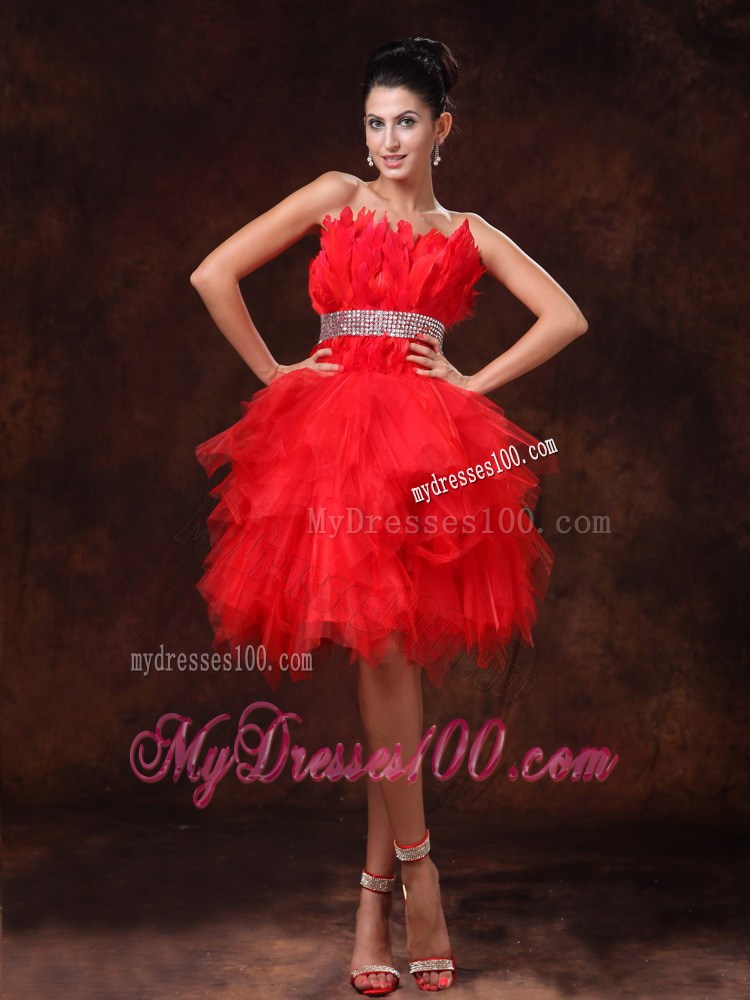 Red Feather and Beading Decorate Prom Dress for Cocktail