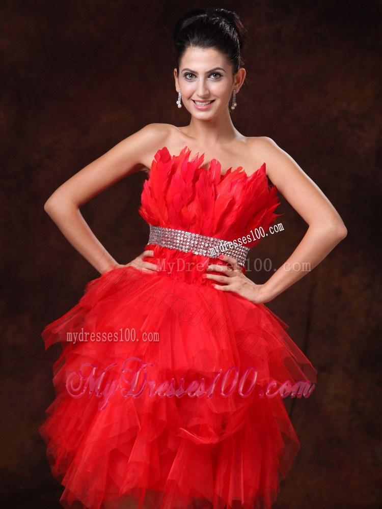 Red Feather and Beading Decorate Prom Dress for Cocktail