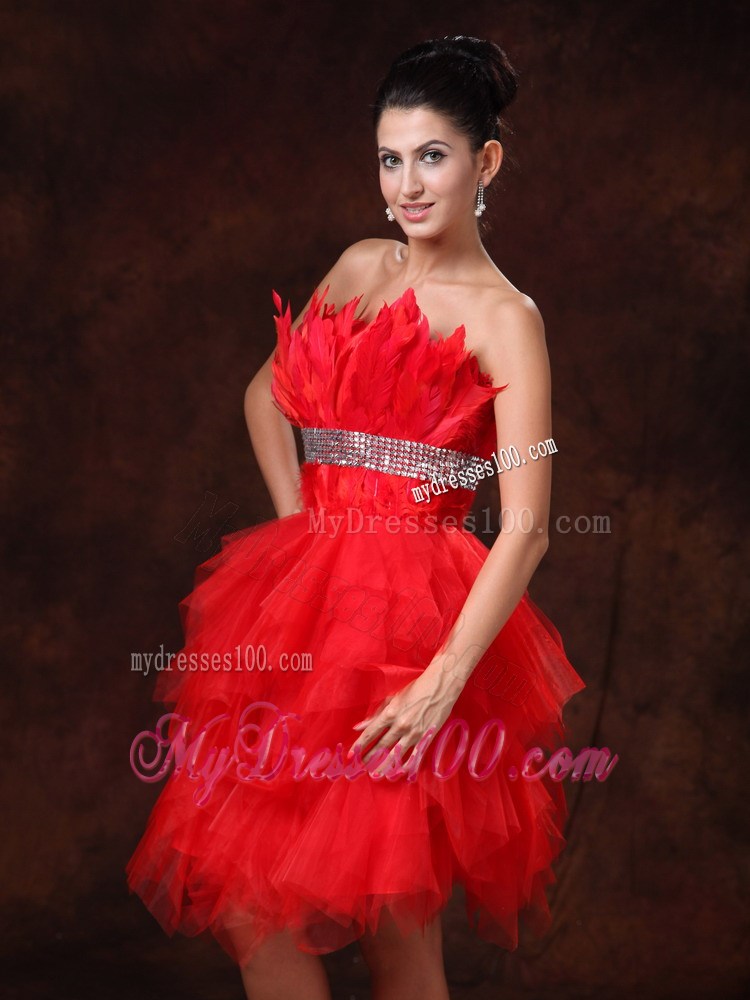Red Feather and Beading Decorate Prom Dress for Cocktail