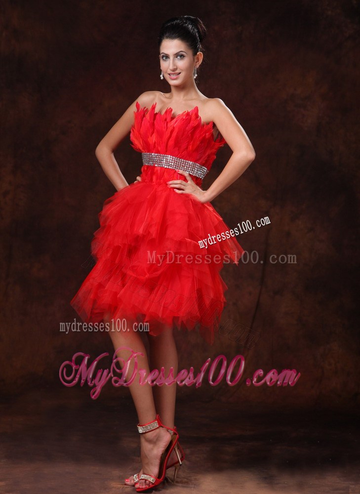 Red Feather and Beading Decorate Prom Dress for Cocktail