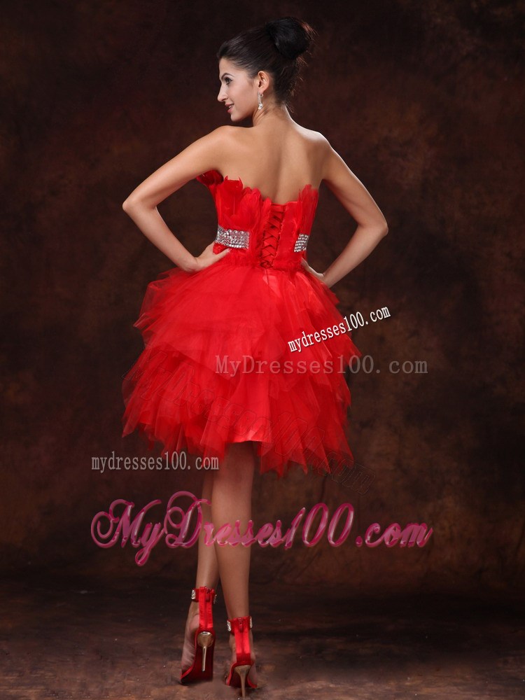 Red Feather and Beading Decorate Prom Dress for Cocktail