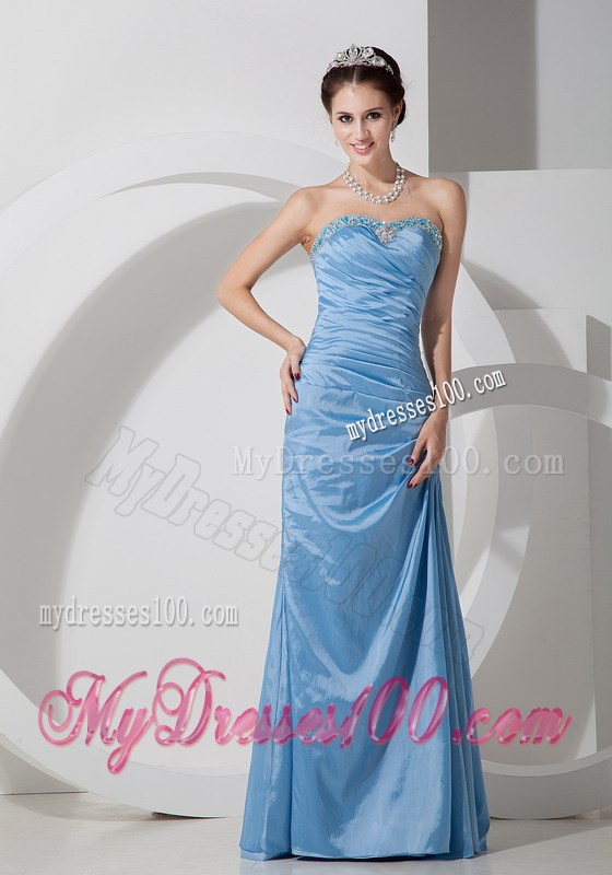 Column Sweetheart Beading and Ruche Decorate Prom Dress in Baby Blue