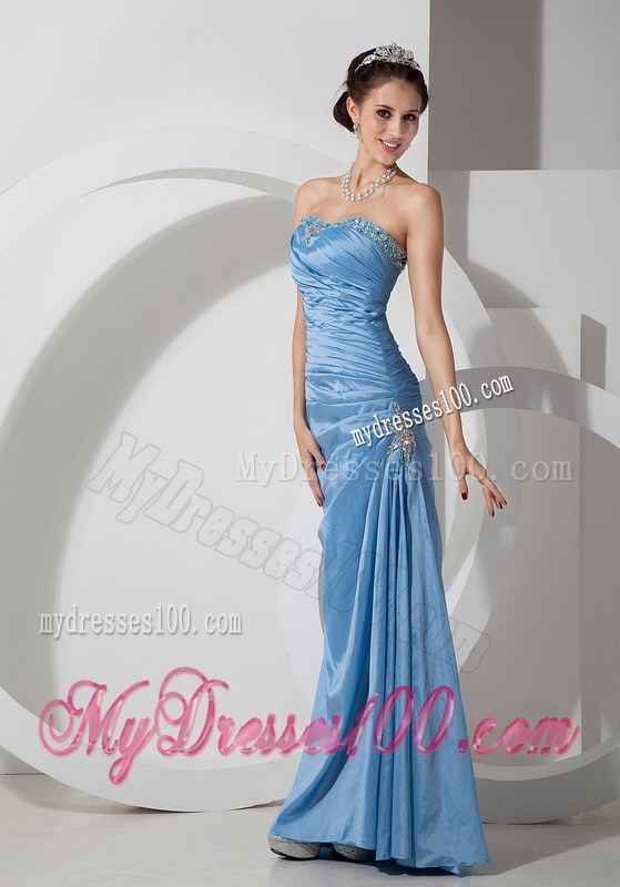 Column Sweetheart Beading and Ruche Decorate Prom Dress in Baby Blue