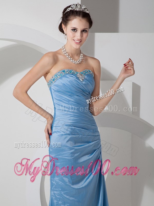 Column Sweetheart Beading and Ruche Decorate Prom Dress in Baby Blue