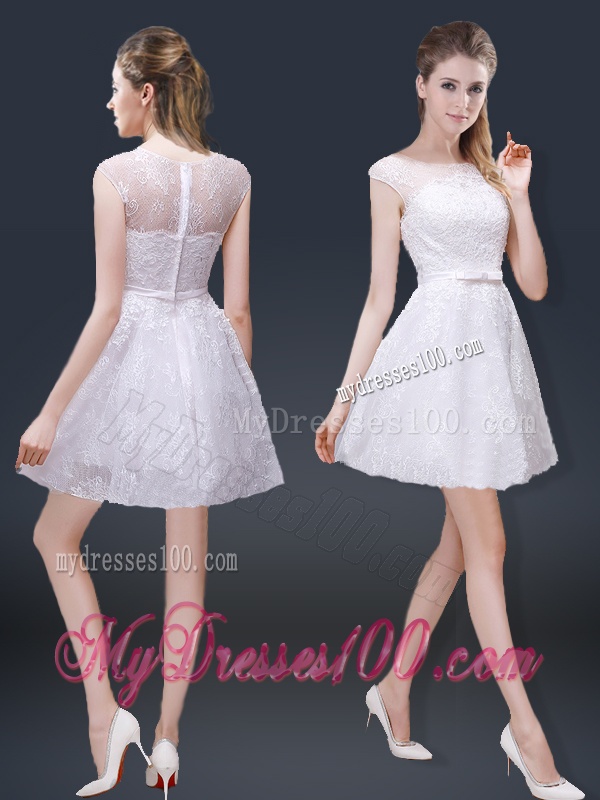 2016 Lovely Bateau Cap Sleeves Short Evening Dresses in Lace