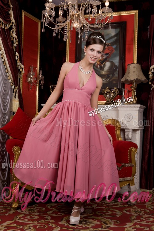 Halter V-neck Pleated Pink Prom Dresses of Anker Length