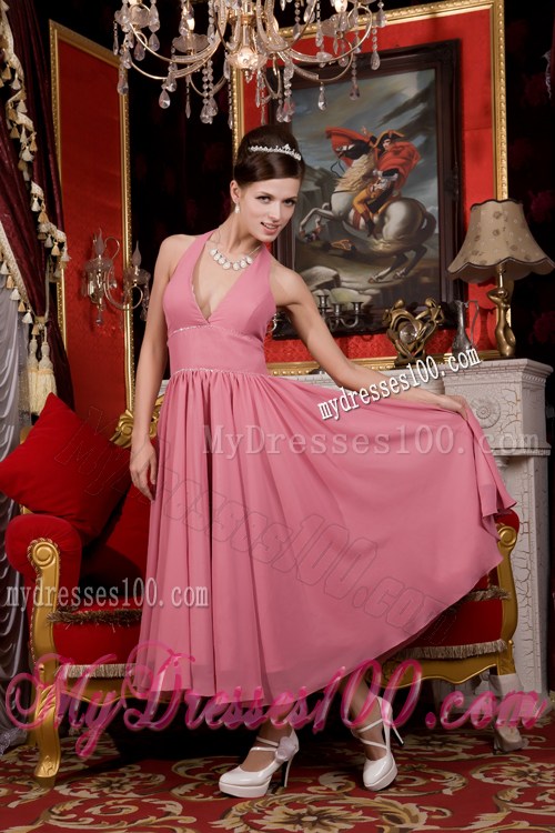 Halter V-neck Pleated Pink Prom Dresses of Anker Length