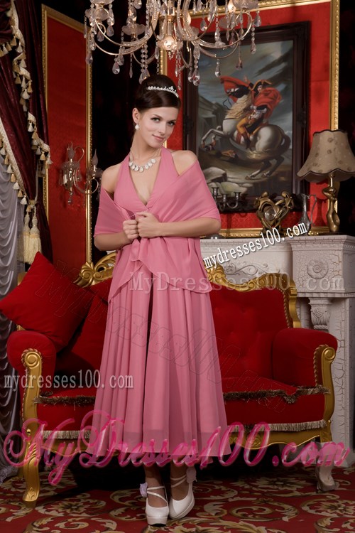 Halter V-neck Pleated Pink Prom Dresses of Anker Length