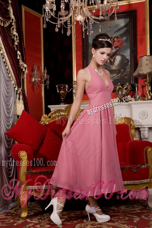 Halter V-neck Pleated Pink Prom Dresses of Anker Length