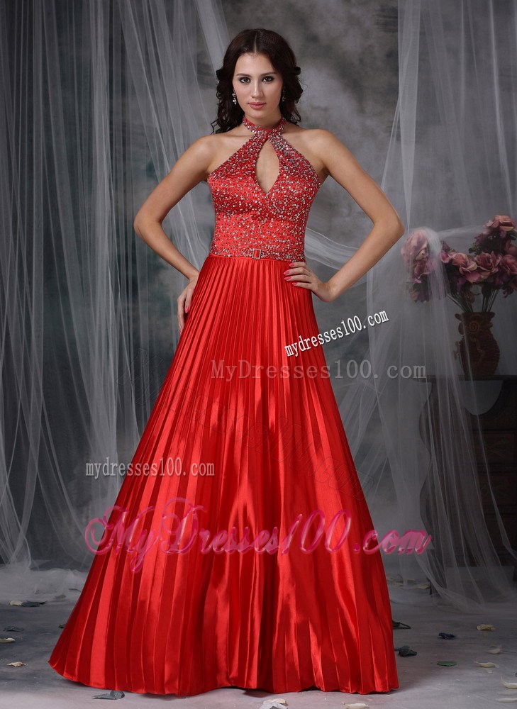 High Neck Pleated Red Long Prom Gown with Back Cutout