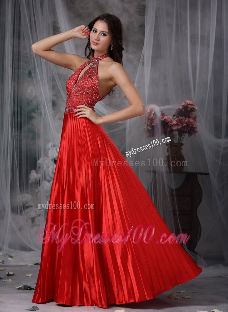 High Neck Pleated Red Long Prom Gown with Back Cutout