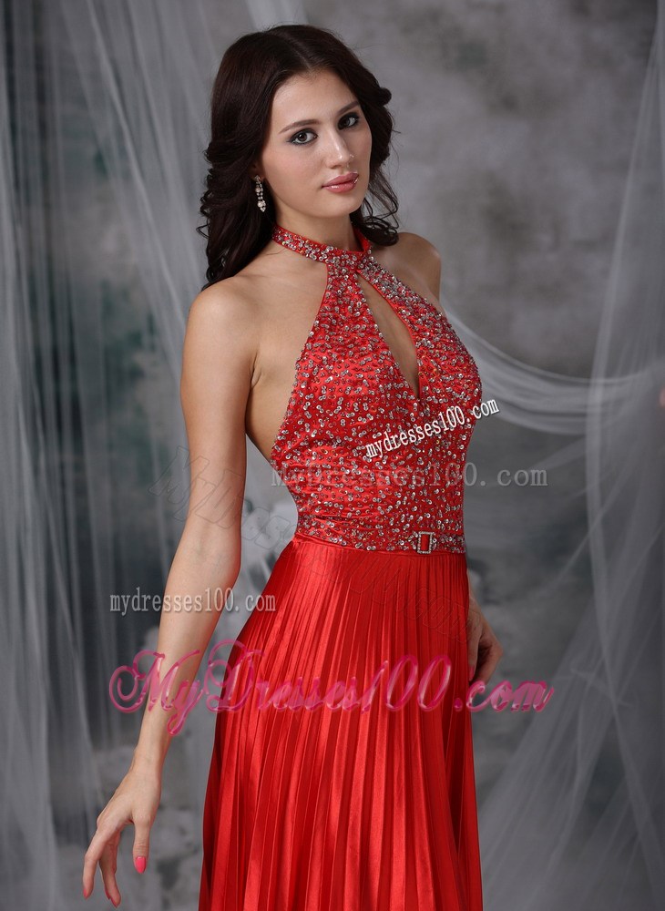 High Neck Pleated Red Long Prom Gown with Back Cutout
