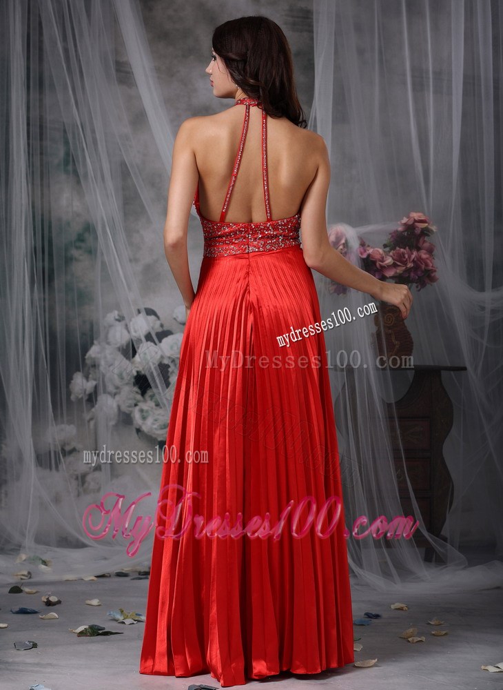 High Neck Pleated Red Long Prom Gown with Back Cutout