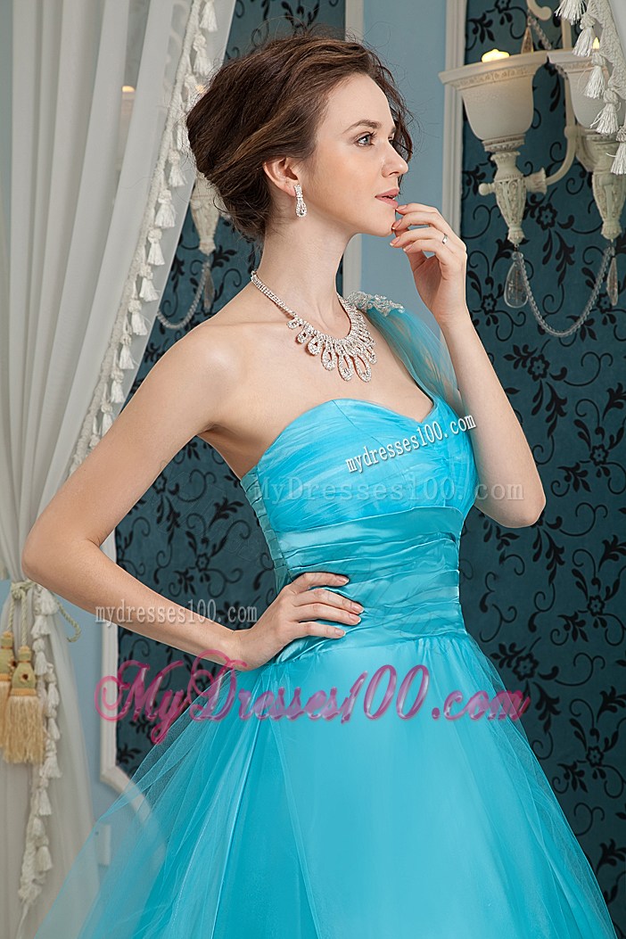 Transparent Single Shoulder Ruching Full Length Prom Dress with Jewelry
