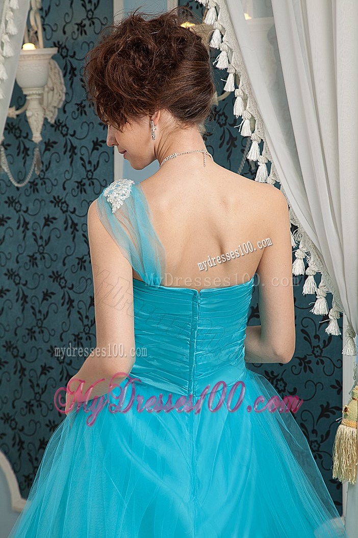 Transparent Single Shoulder Ruching Full Length Prom Dress with Jewelry