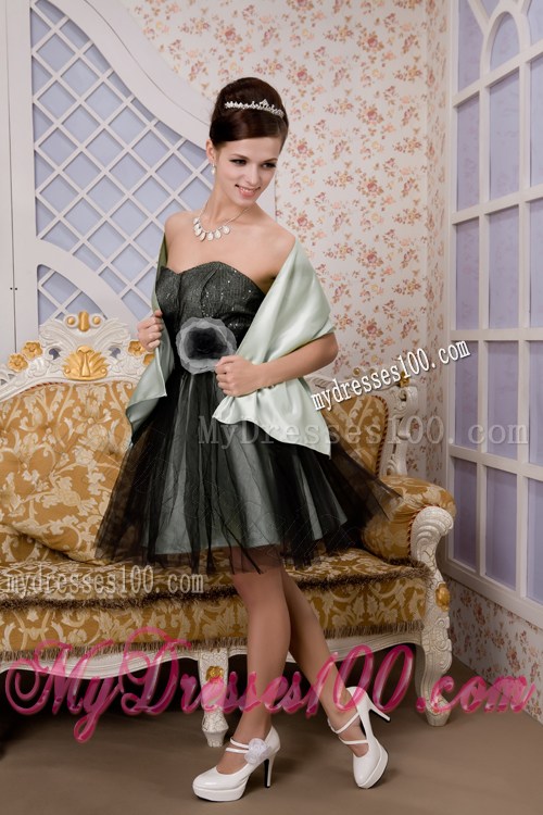 Flowery Strapless Black Organza Prom Gown of Mini-length