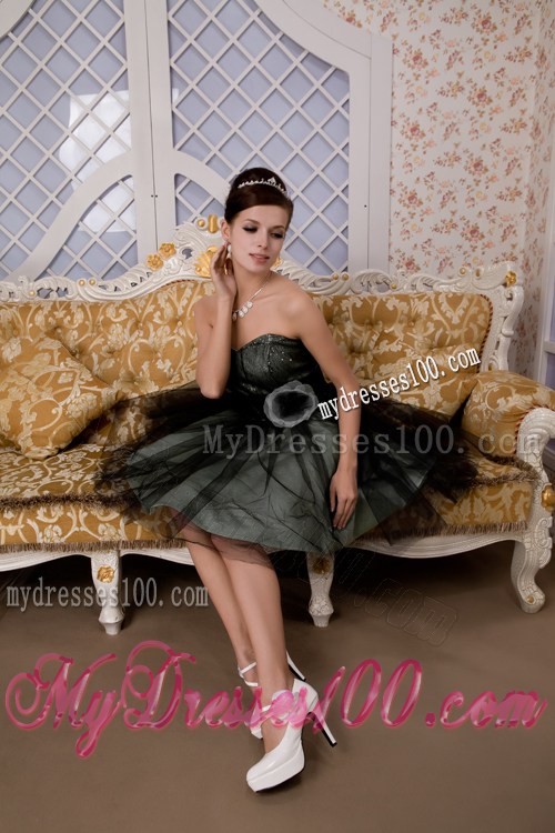 Flowery Strapless Black Organza Prom Gown of Mini-length