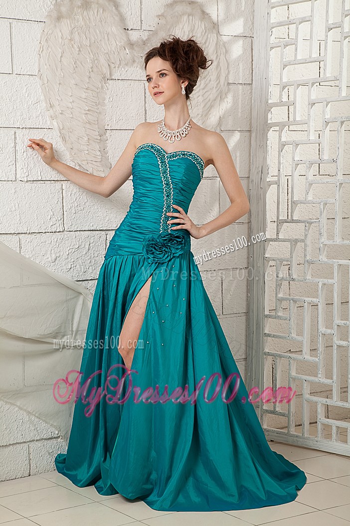 Turquoise A-line Prom Gown with Flowers and High Slit