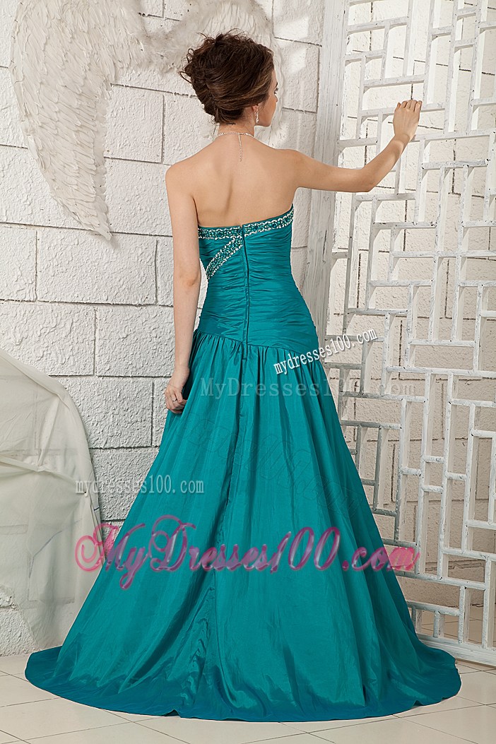 Turquoise A-line Prom Gown with Flowers and High Slit
