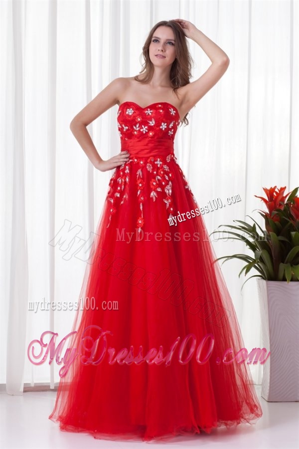 A-line Sweetheart Red Long Beading Tulle 2016 Evening Dress