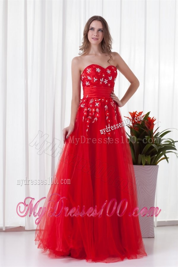 A-line Sweetheart Red Long Beading Tulle 2016 Evening Dress