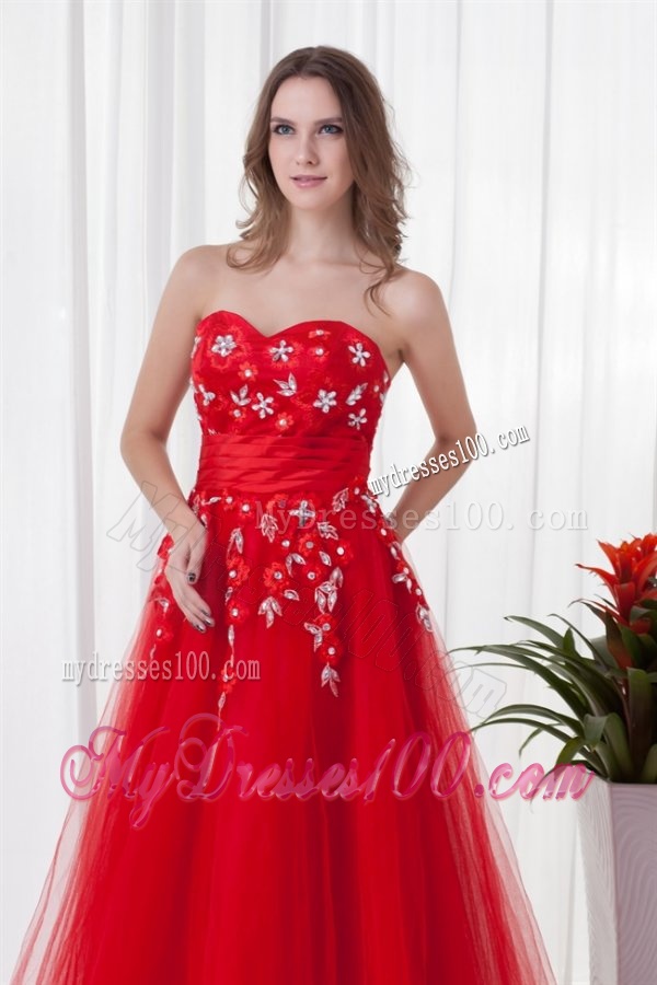 A-line Sweetheart Red Long Beading Tulle 2016 Evening Dress