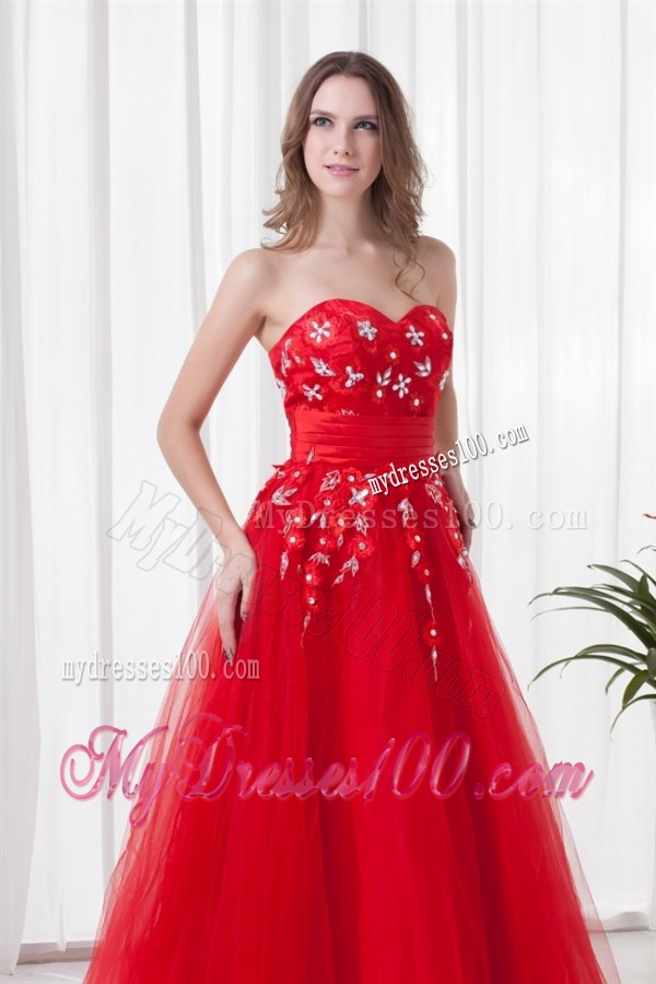 A-line Sweetheart Red Long Beading Tulle 2016 Evening Dress