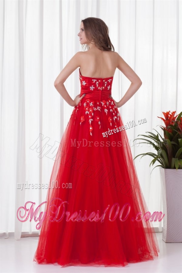 A-line Sweetheart Red Long Beading Tulle 2016 Evening Dress