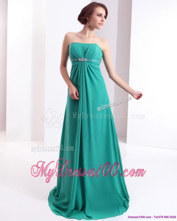 Affordable 2016 Strapless Brush Train Evening Dress with Beading and Ruching