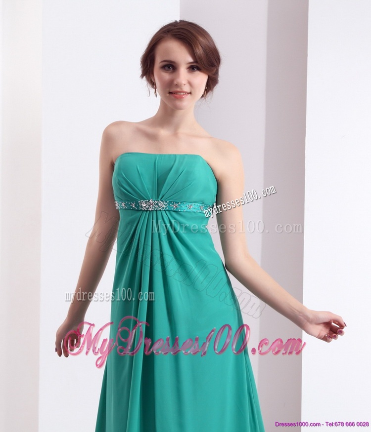 Affordable 2016 Strapless Brush Train Evening Dress with Beading and Ruching