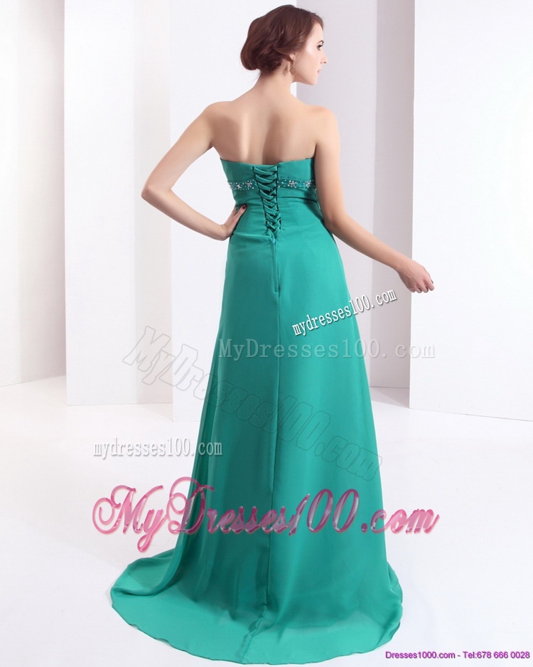 Affordable 2016 Strapless Brush Train Evening Dress with Beading and Ruching