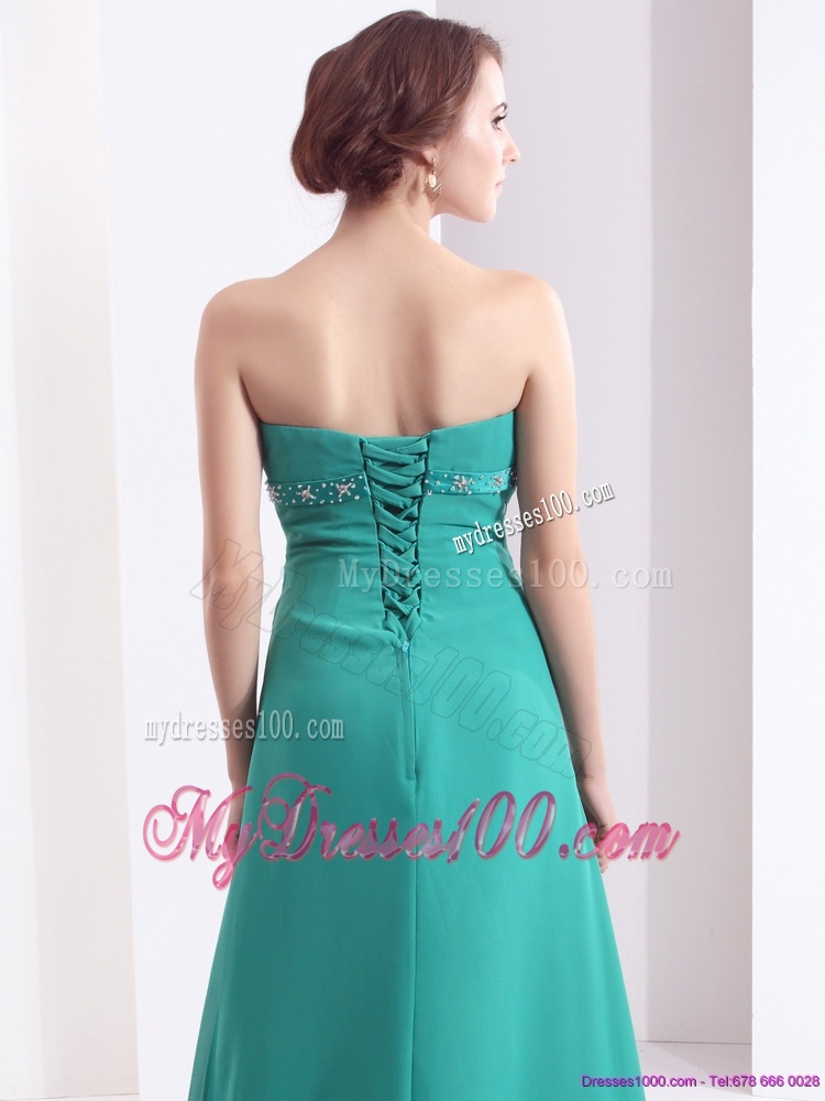 Affordable 2016 Strapless Brush Train Evening Dress with Beading and Ruching