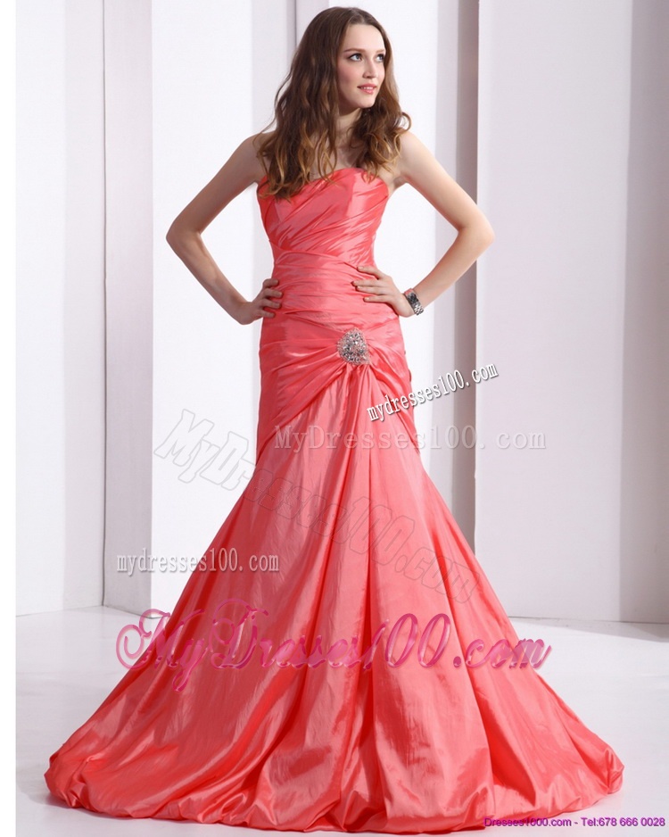 Affordable Ruching and Beading Evening Dress with Brush Train