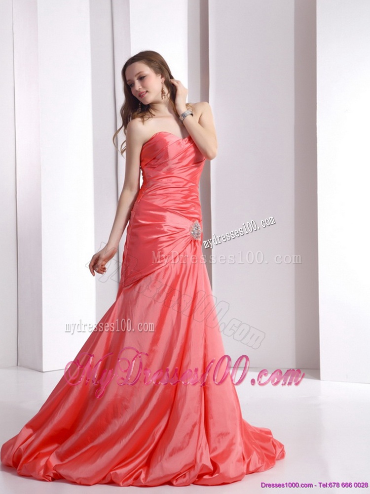Affordable Ruching and Beading Evening Dress with Brush Train