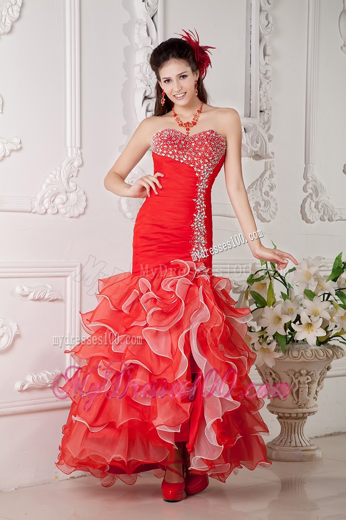 Beaded and Ruffled Mermaid Prom Dress in Coral Red